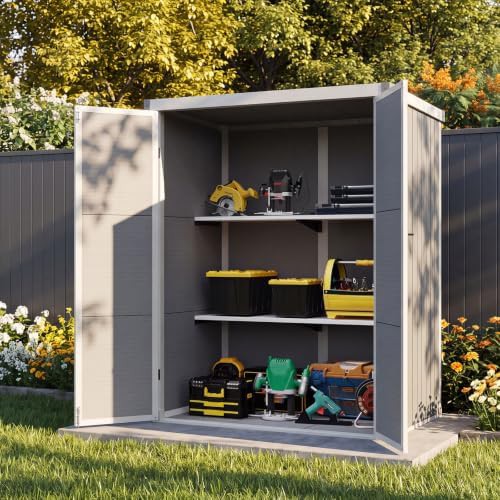Gray tall plastic storage shed with shelves