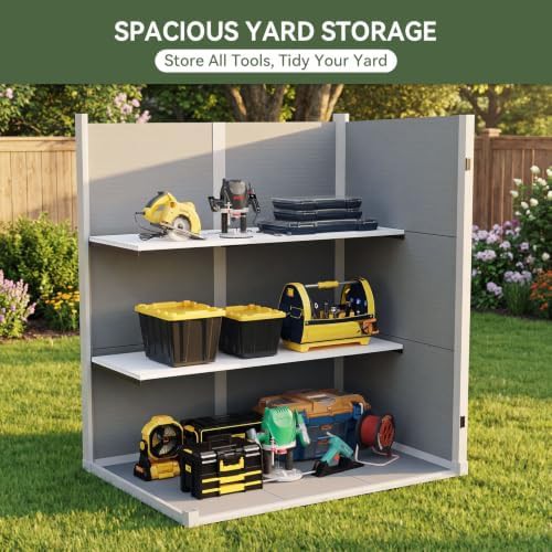 Gray tall plastic storage shed with shelves — photo 4