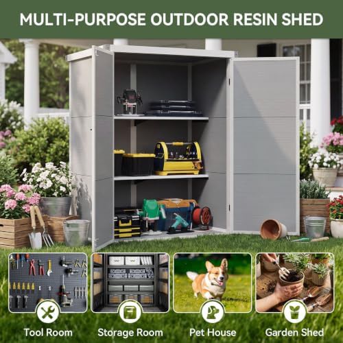 Gray tall plastic storage shed with shelves — photo 5