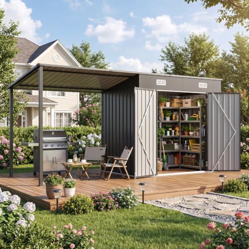 Black lean-to shed and hardtop gazebo