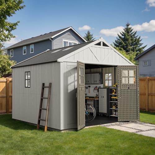 Beige resin outdoor storage shed 10x10 ft