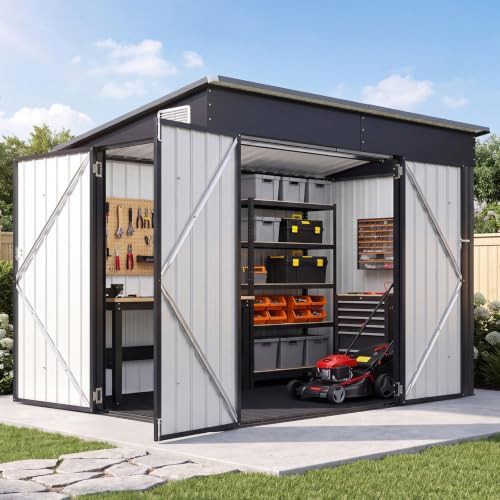 Lawn mower shed with three lockable doors