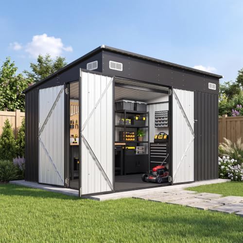 Large metal shed with three doors