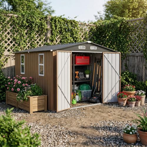 Steel storage shed with windows and gable roof