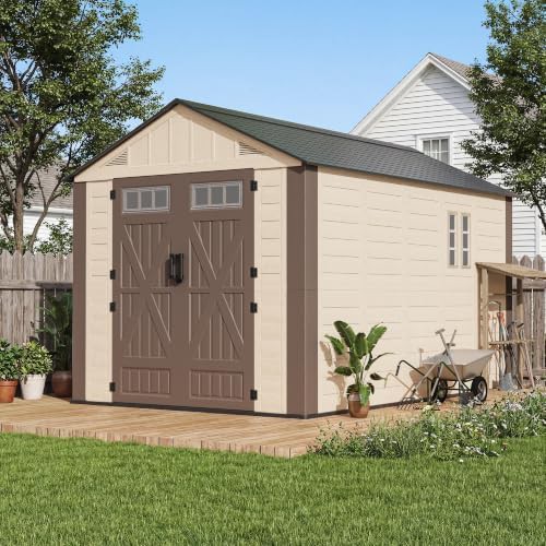 Beige resin storage shed with side windows
