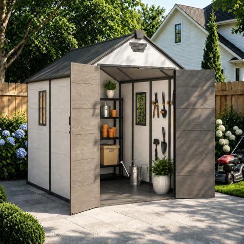 Light gray resin shed with window
