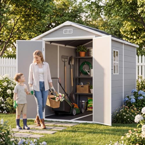 Large gray resin bike storage shed
