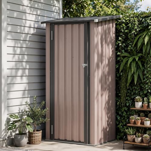Brown metal garden shed with sloping roof