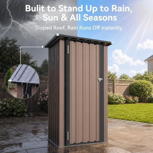Brown metal garden shed with sloping roof — photo 4