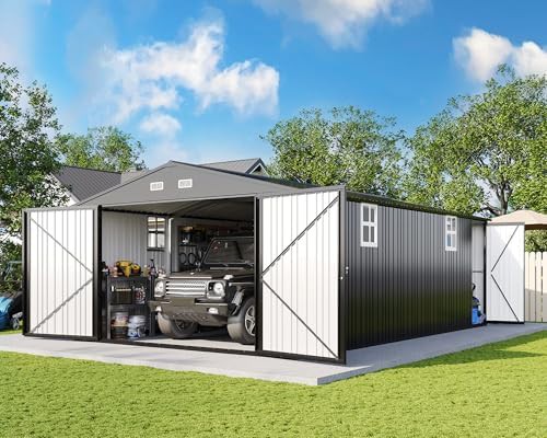 Tall garage shed with double hinged doors