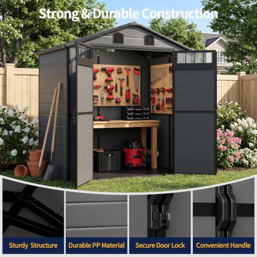 Gray resin garden shed with louvered window — photo 5