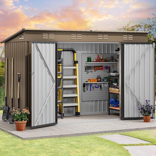 Large metal utility shed for tool storage