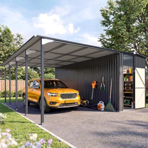 Large hardtop gazebo with attached metal storage shed