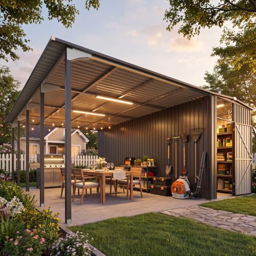 Large hardtop gazebo with attached metal storage shed — photo 5