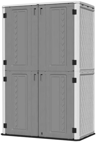 Large gray and white vertical utility shed