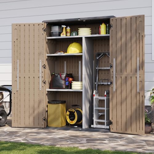 Brown resin outdoor shed with shelving