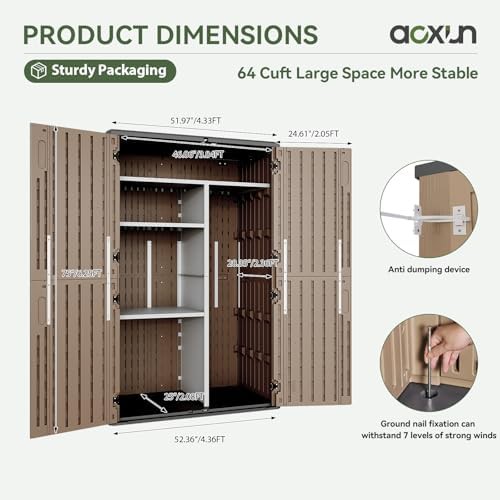 Brown resin outdoor shed with shelving — photo 3