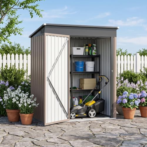 Brown sloped metal storage shed