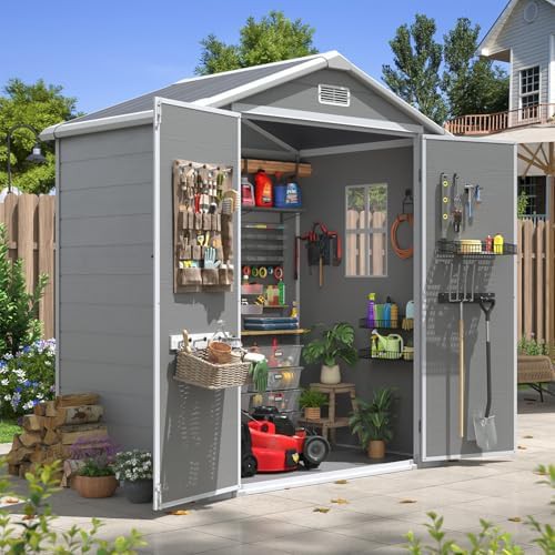 Gray resin storage shed with floor base