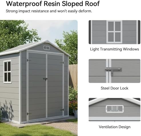 Gray resin storage shed with floor base — photo 3