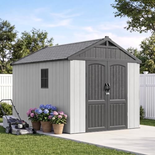 Beige resin garden shed with floor
