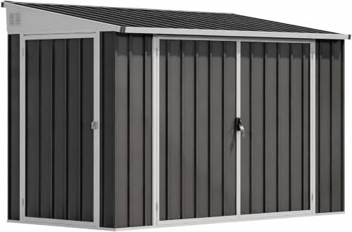 Dark gray three door metal storage shed