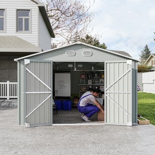 White metal storage shed with sloped roof